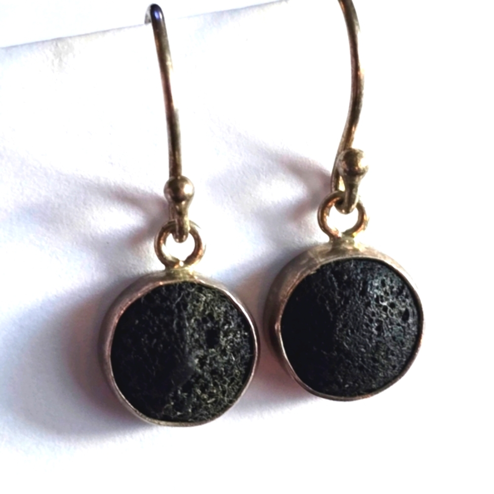 Lava stone earrings black silver tone dainty small southwestern style dot